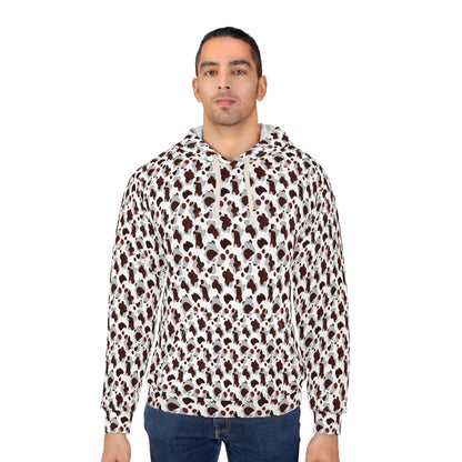 Man wearing a leopard print hoodie on a white background