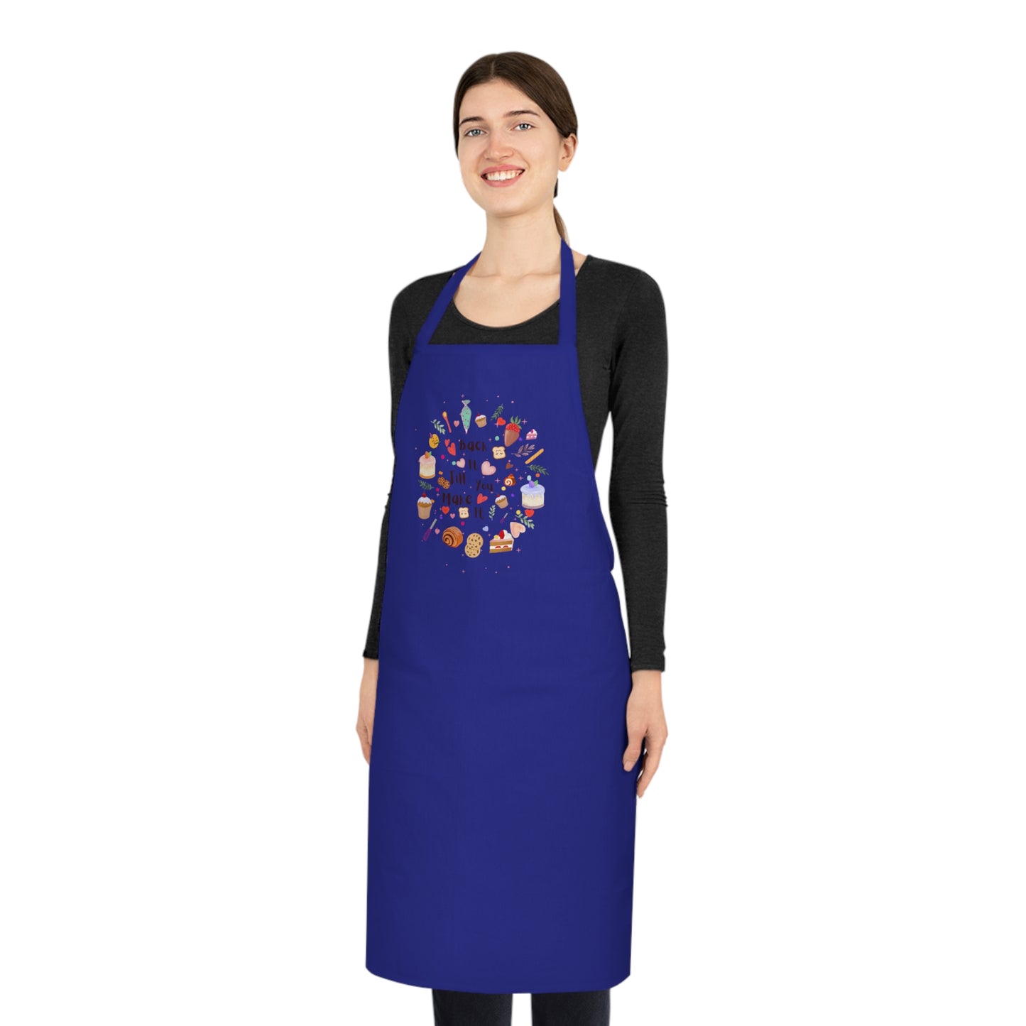 Woman wearing a blue apron with a colorful design on a white background