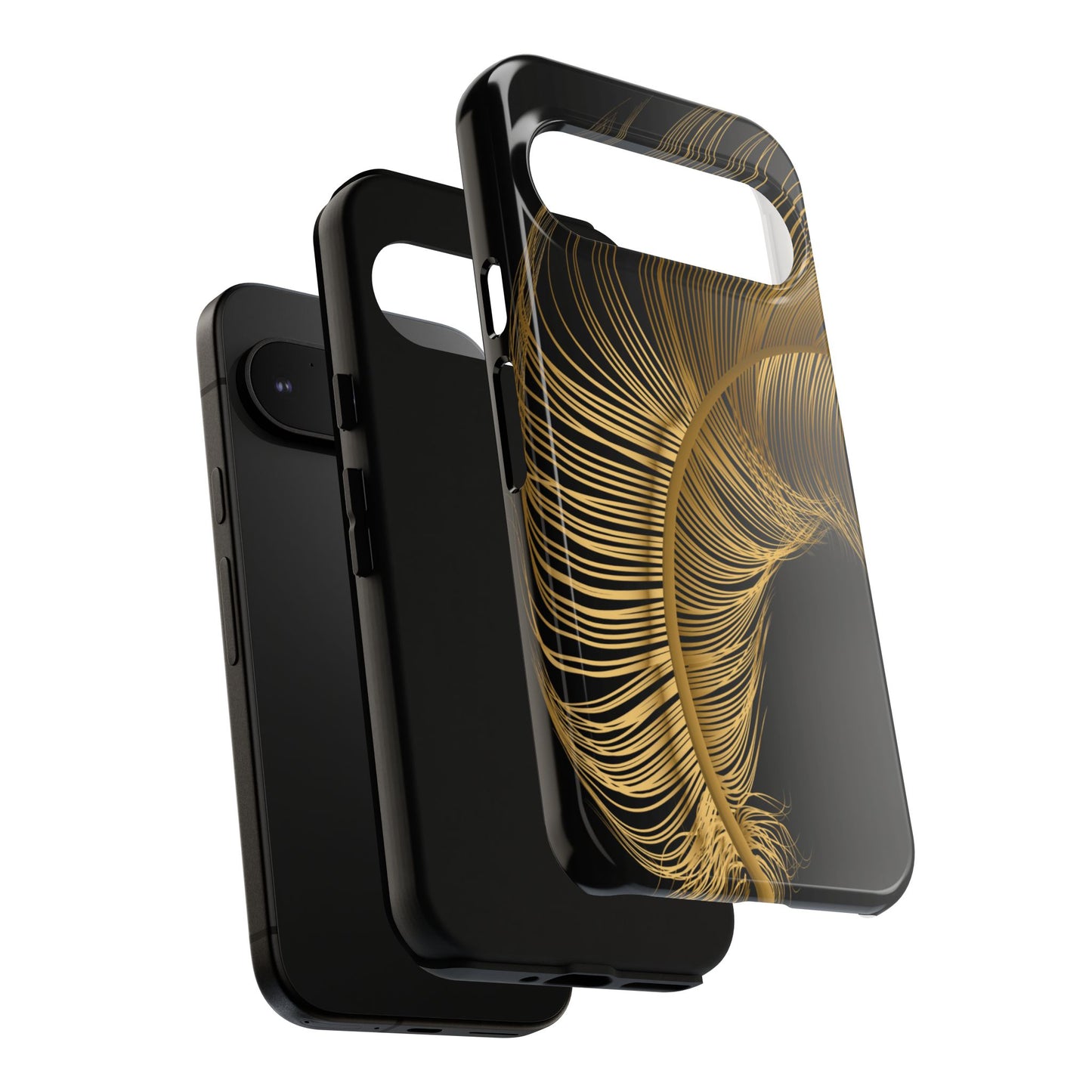 Phone case with gold feather design on black background