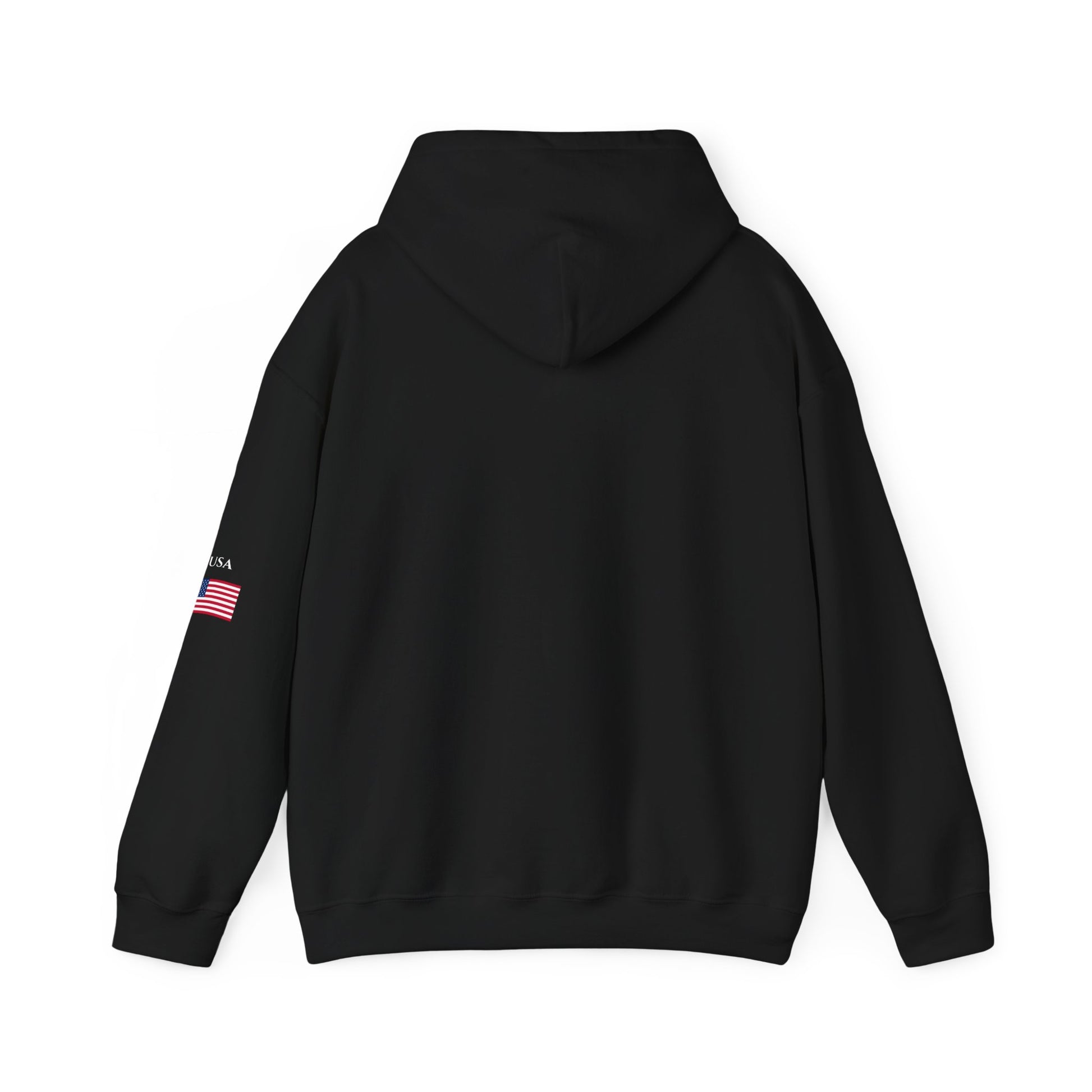 Black hoodie with branding on the back against a white background