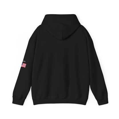Black hoodie with branding on the back against a white background