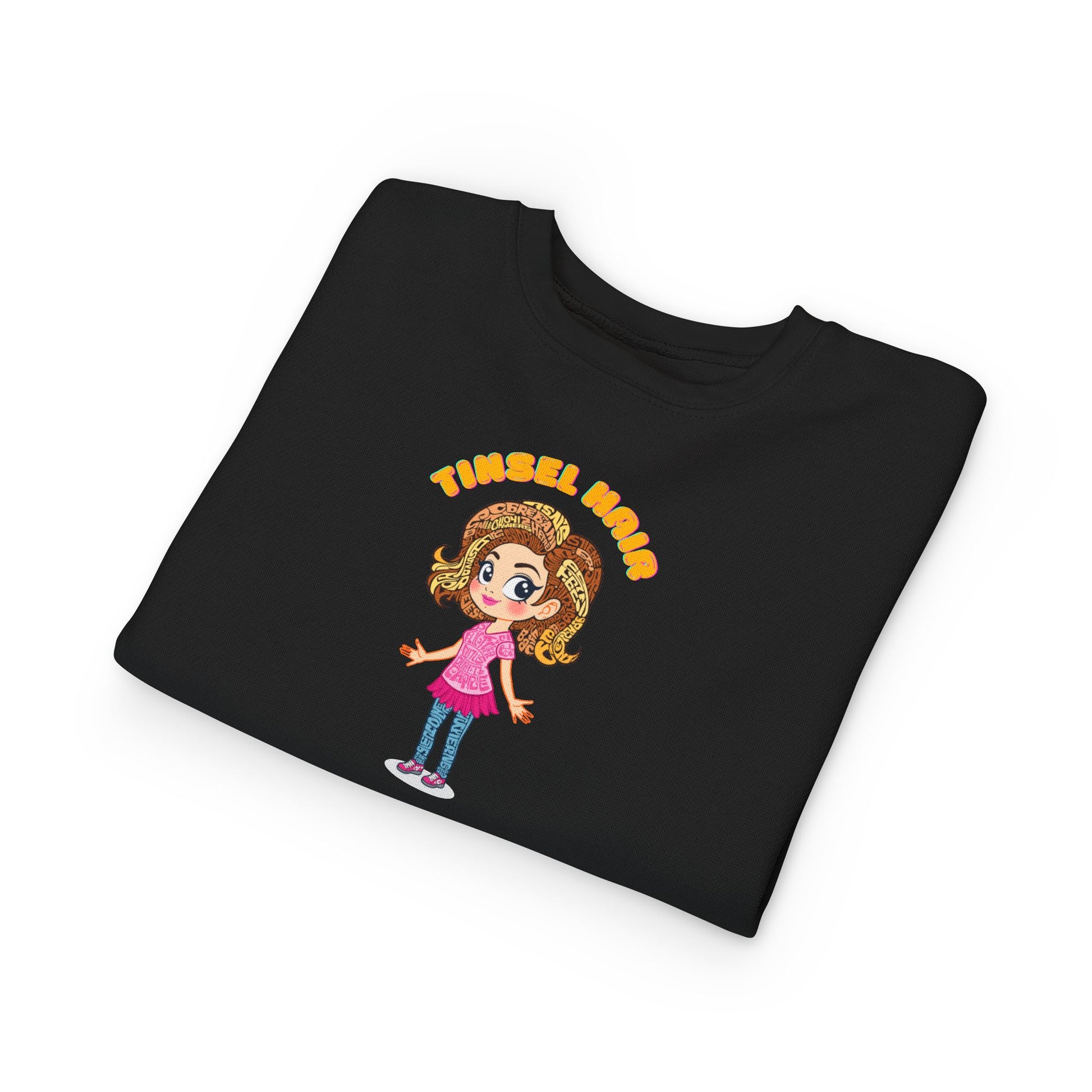 Black  sweat-shirt with a cartoon character and text on a white background