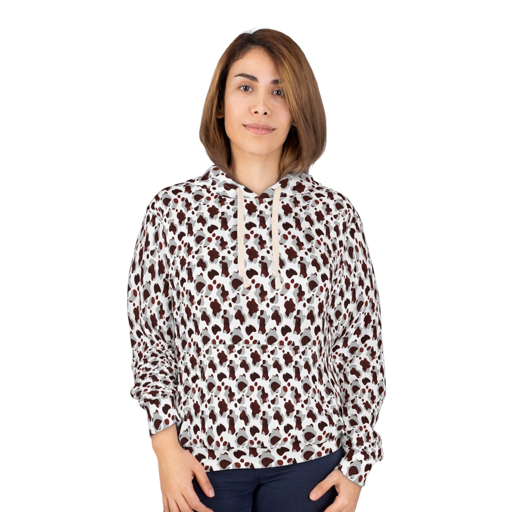 Person wearing a leopard print hoodie on a white background

