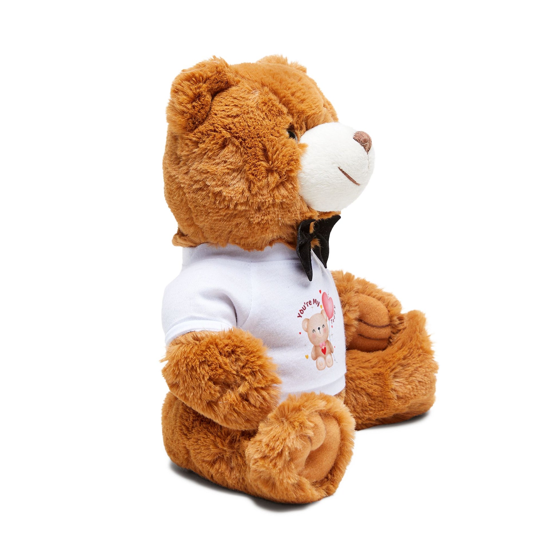 Brown teddy bear wearing a white shirt with a graphic on a white background