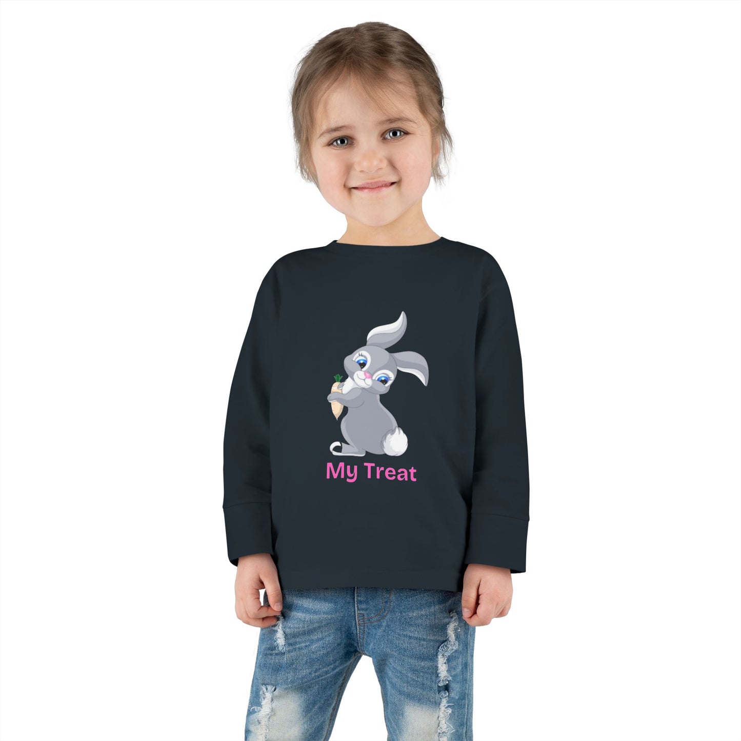 Child wearing a black sweatshirt with a bunny graphic and 'My Treat' text on a white background