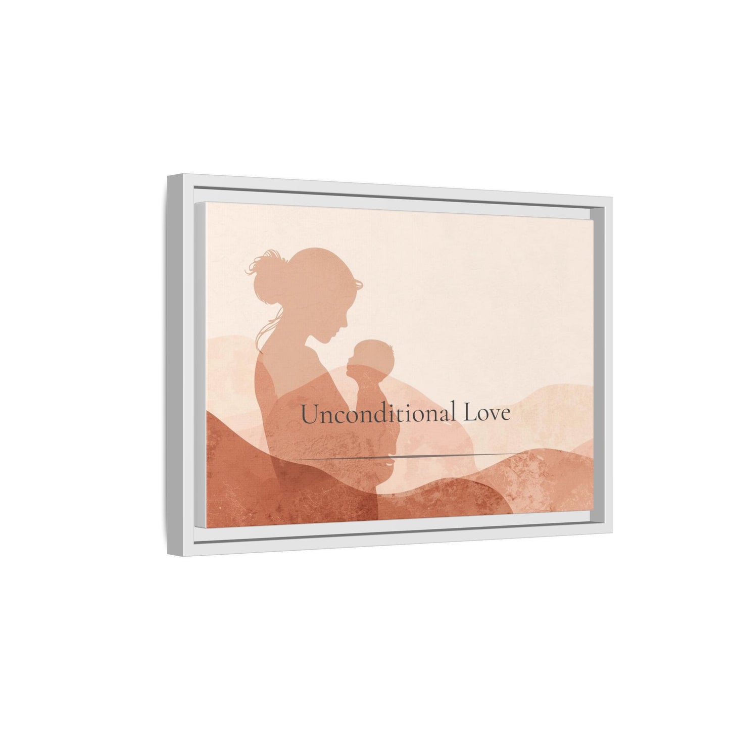 Framed artwork with silhouette of a woman holding a child and text 'Unconditional Love' on a white background