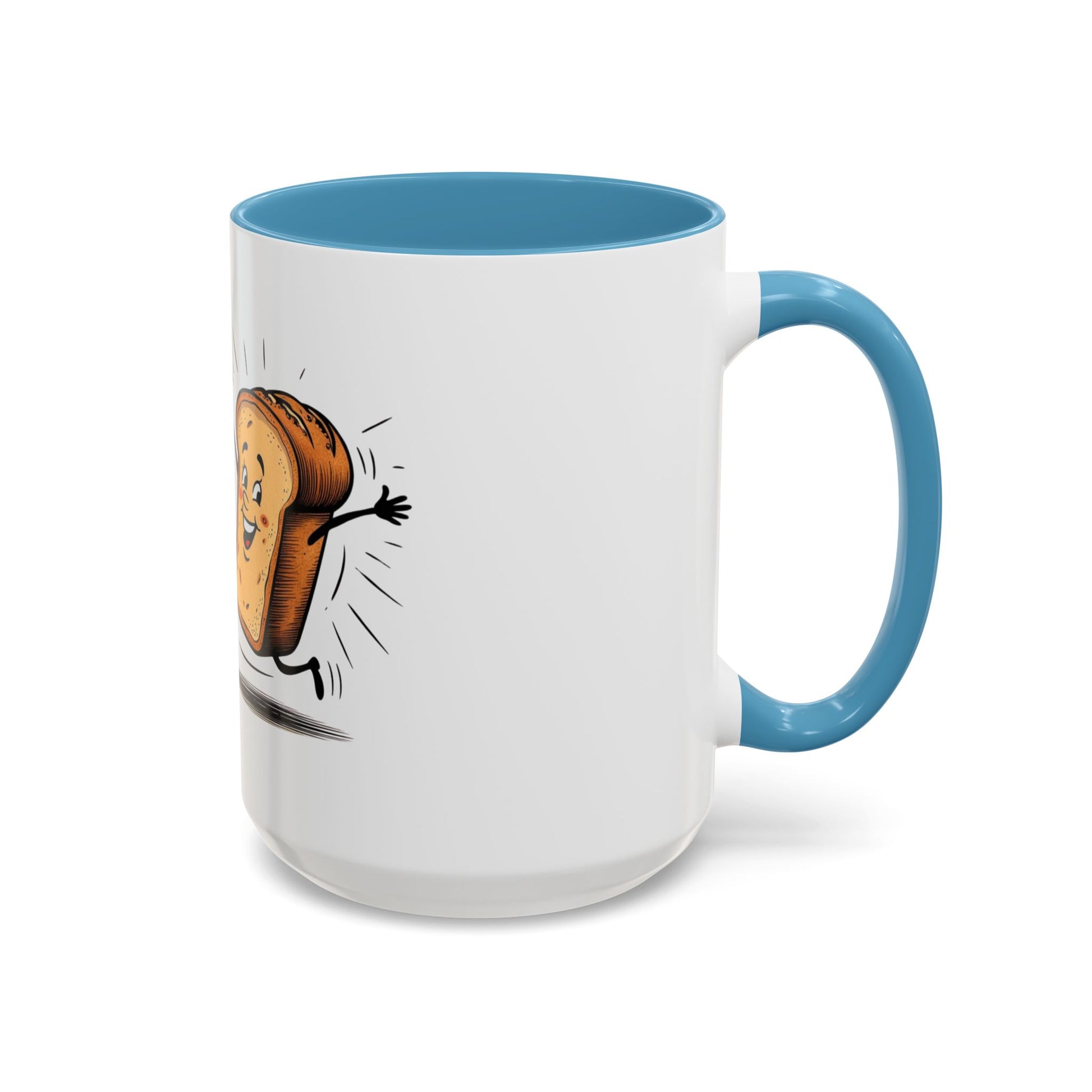 White mug with blue interior and handle, featuring a cartoon loaf of bread.