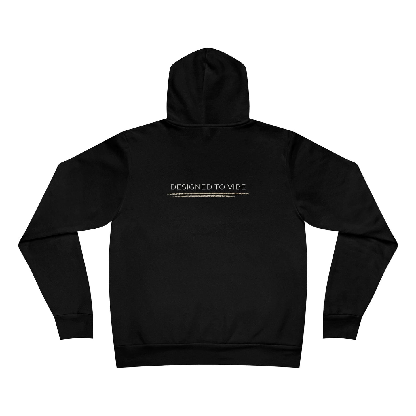 Black hoodie with 'DESIGNED TO VIBE' text on the back against a white background