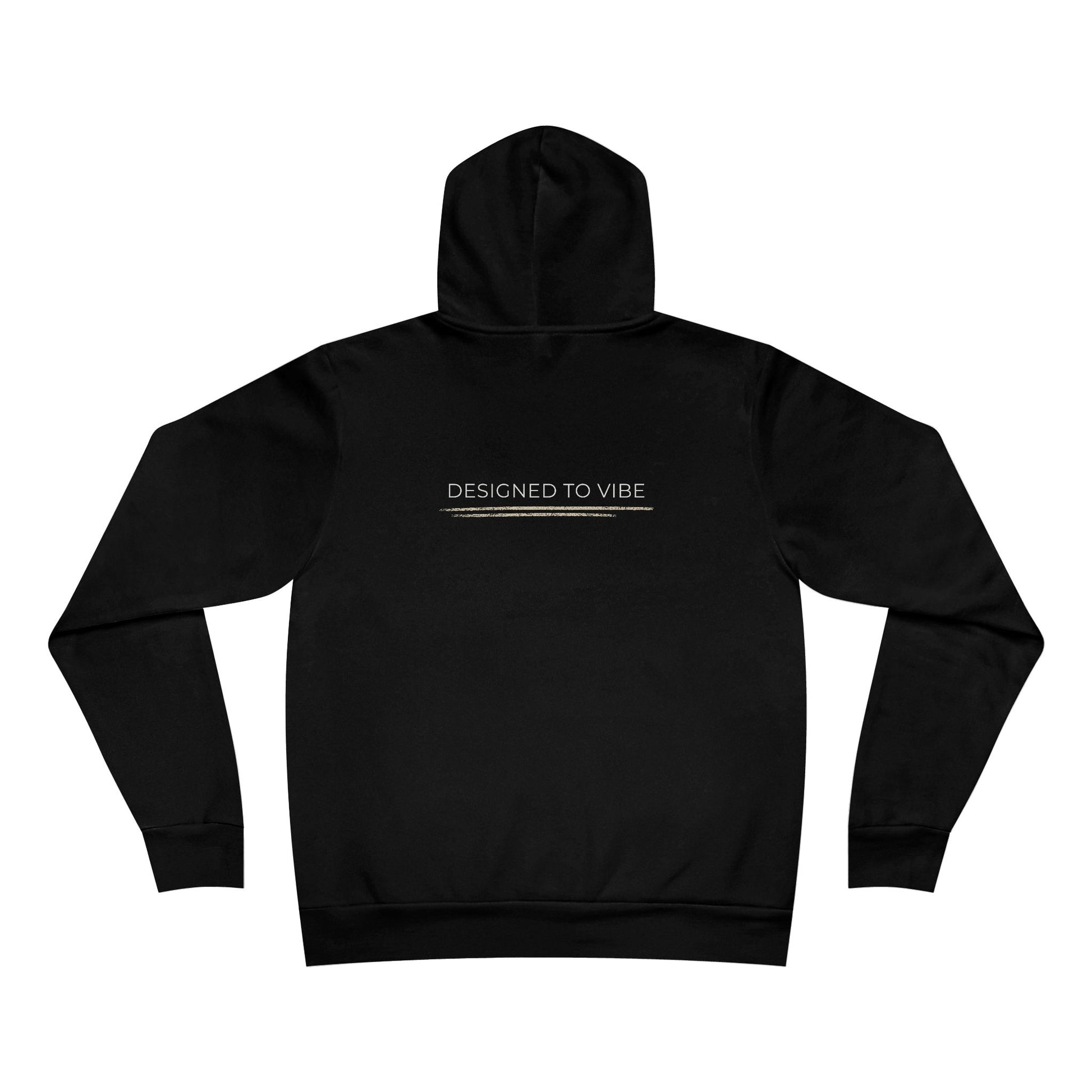 Black hoodie with 'DESIGNED TO VIBE' text on the back against a white background