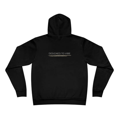 Black hoodie with 'DESIGNED TO VIBE' text on the back against a white background