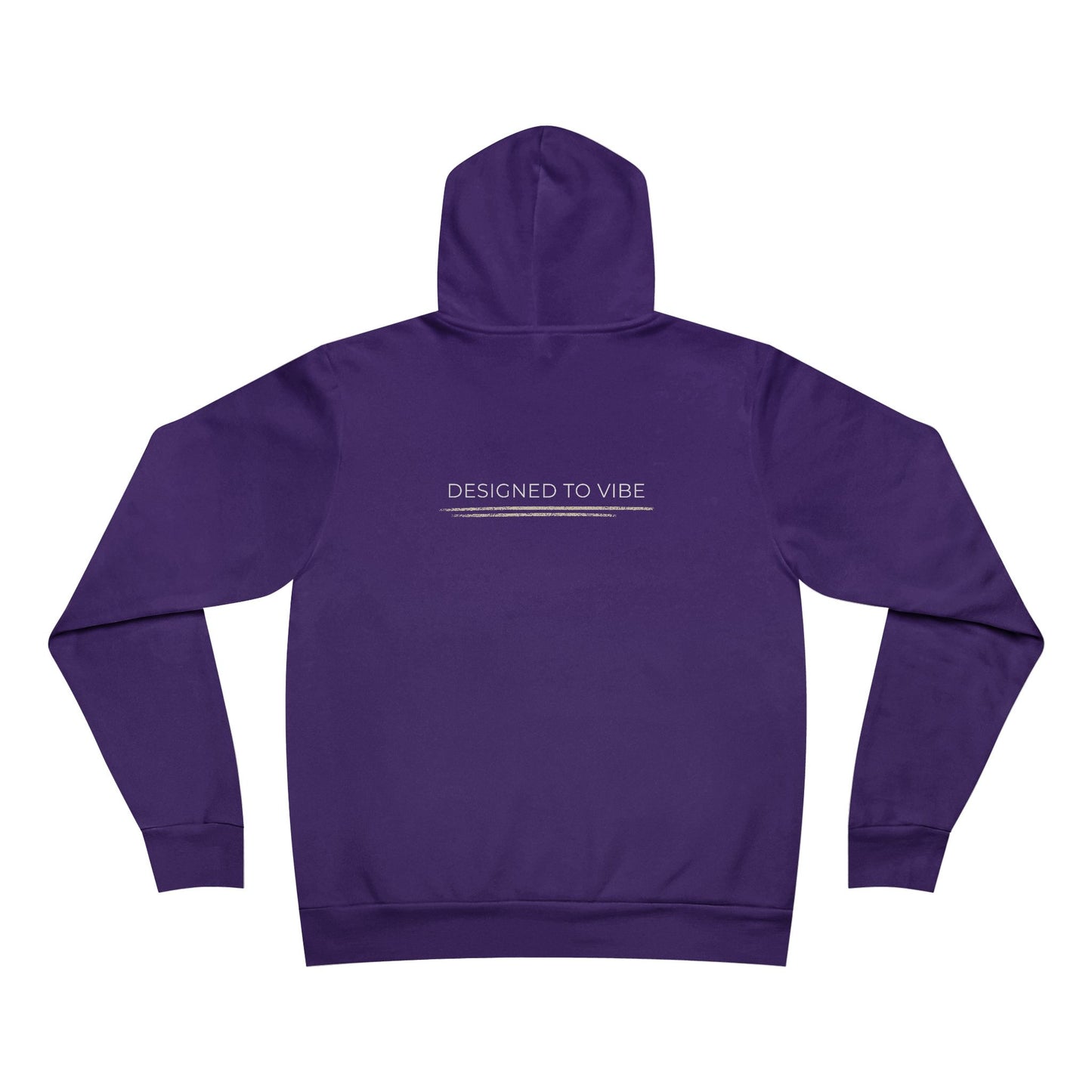 Purple hoodie with 'DESIGNED TO VIBE' text on the back against a white background