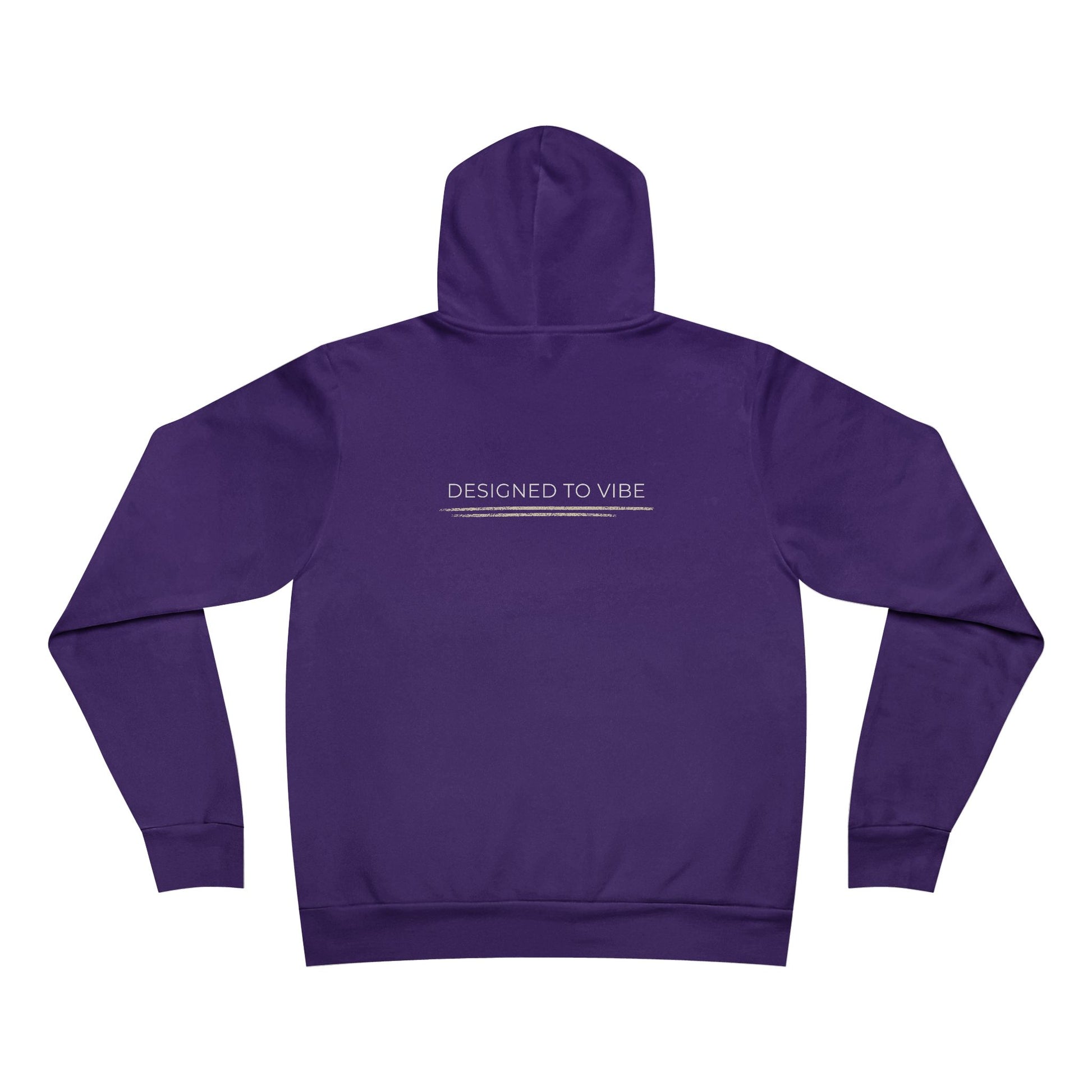 Purple hoodie with 'DESIGNED TO VIBE' text on the back against a white background