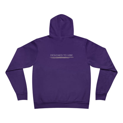 Purple hoodie with 'DESIGNED TO VIBE' text on the back against a white background