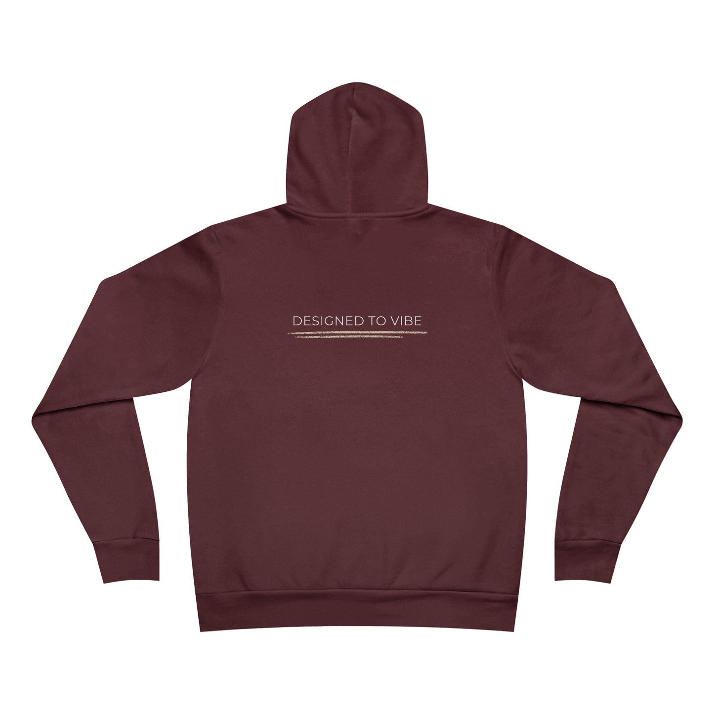 Maroon hoodie with 'Designed to Vibe' text on the back against a white background