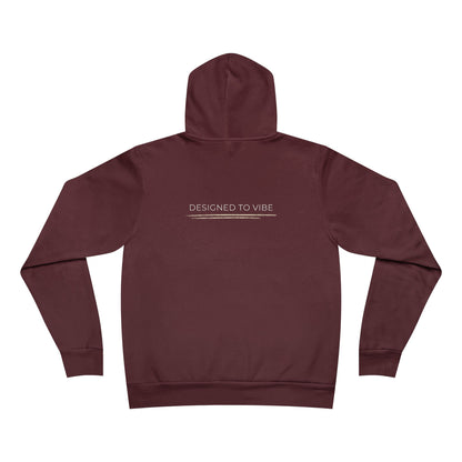 Maroon hoodie with 'Designed to Vibe' text on the back against a white background