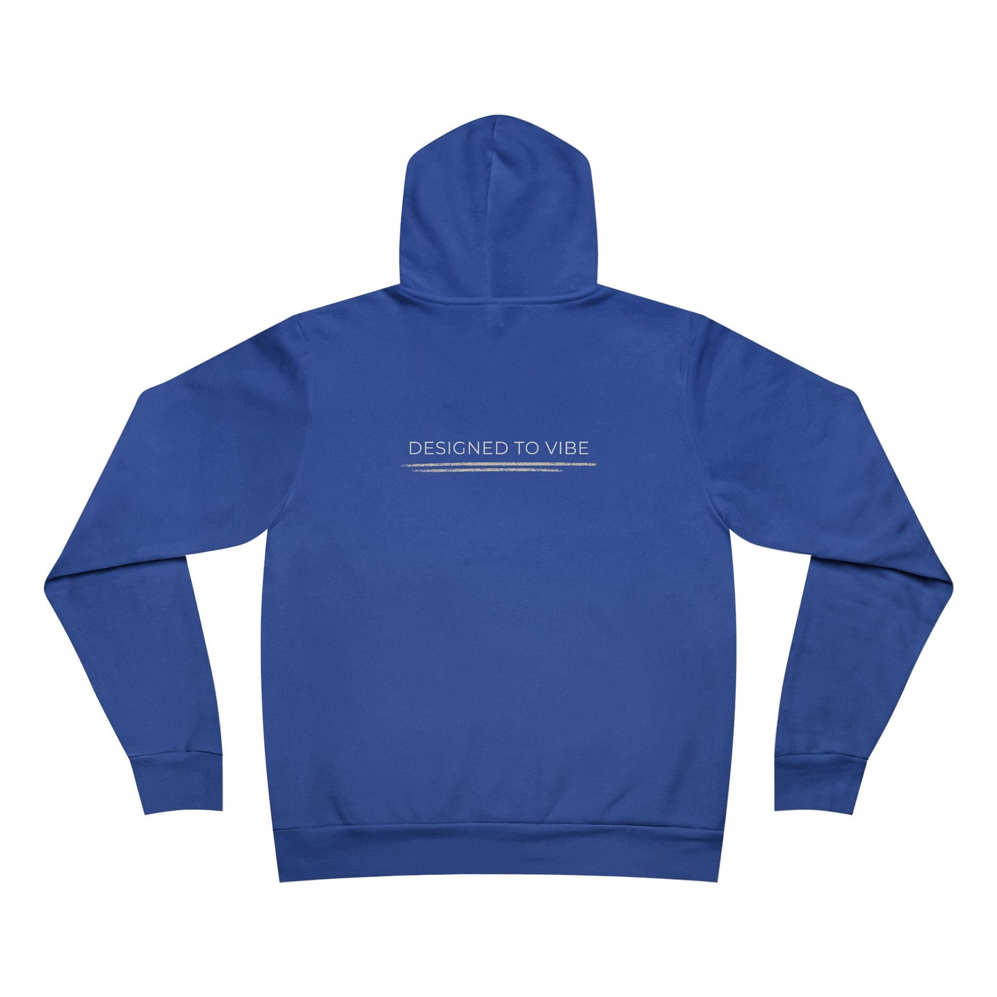 Blue hoodie with 'DESIGNED TO VIBE' text on the back against a white background