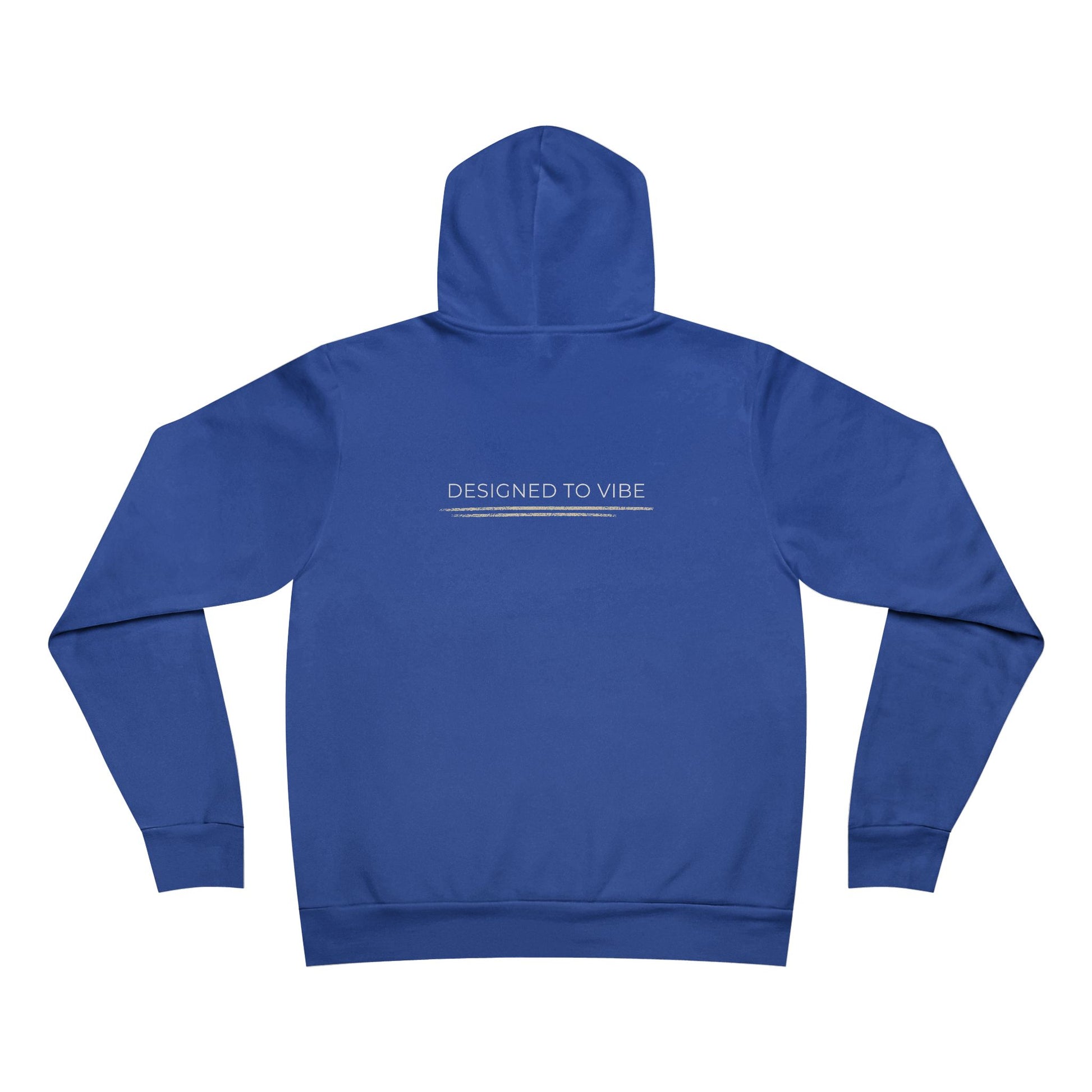 Blue hoodie with 'DESIGNED TO VIBE' text on the back against a white background