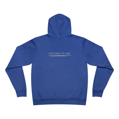 Blue hoodie with 'DESIGNED TO VIBE' text on the back against a white background