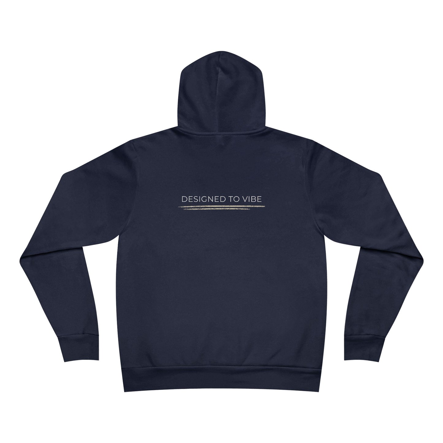 Navy blue hoodie with 'DESIGNED TO VIBE' text on the back against a white background