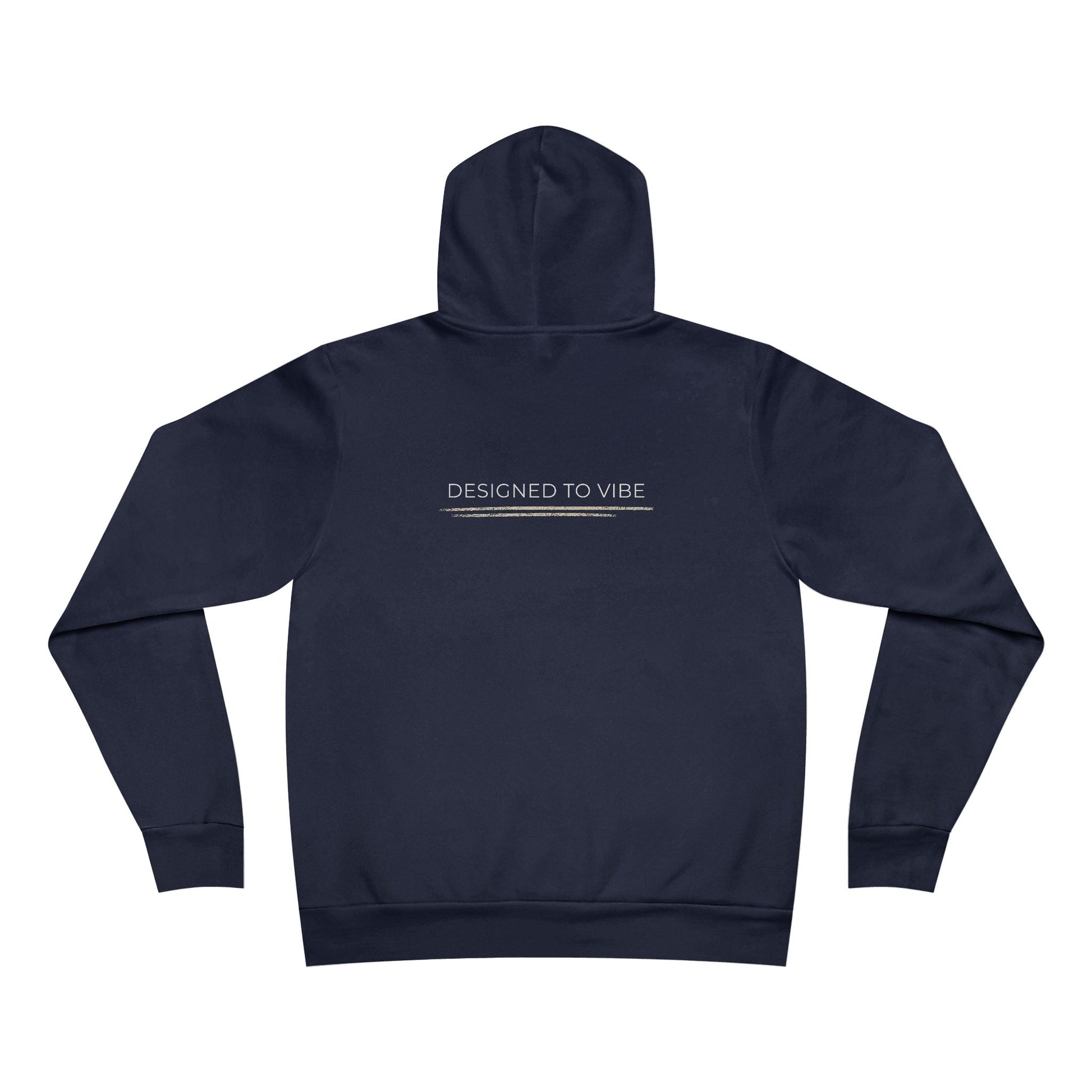 Navy blue hoodie with 'DESIGNED TO VIBE' text on the back against a white background