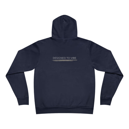Navy blue hoodie with 'DESIGNED TO VIBE' text on the back against a white background