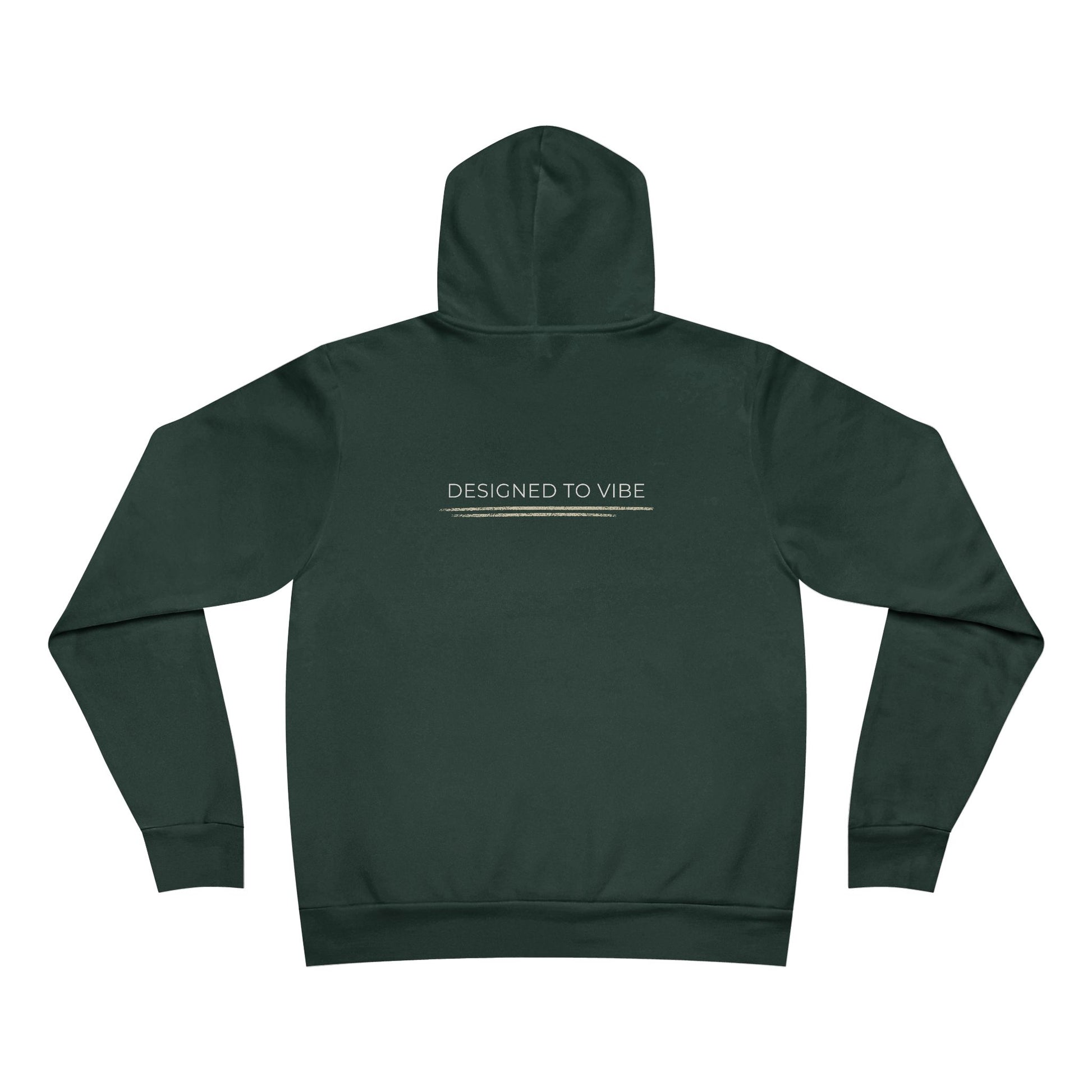 Green hoodie with 'Designed to Vibe' text on the back against a white background