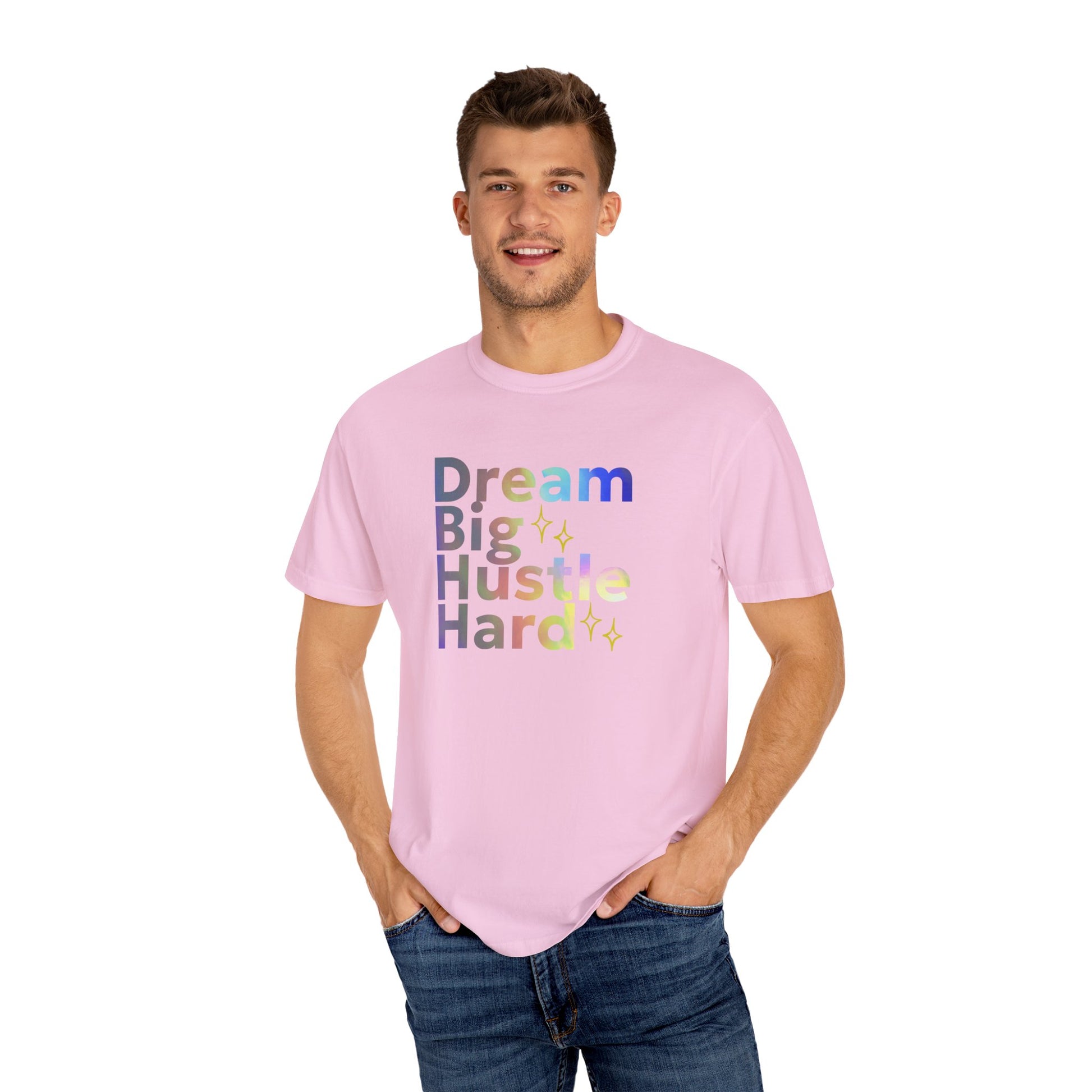 Man wearing a pink t-shirt with motivational text on a white background
