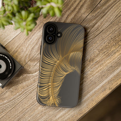 Phone case with gold feather design on black background