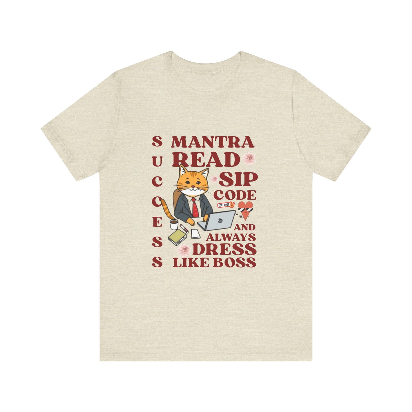 Beige t-shirt with a fox graphic and text on a white background