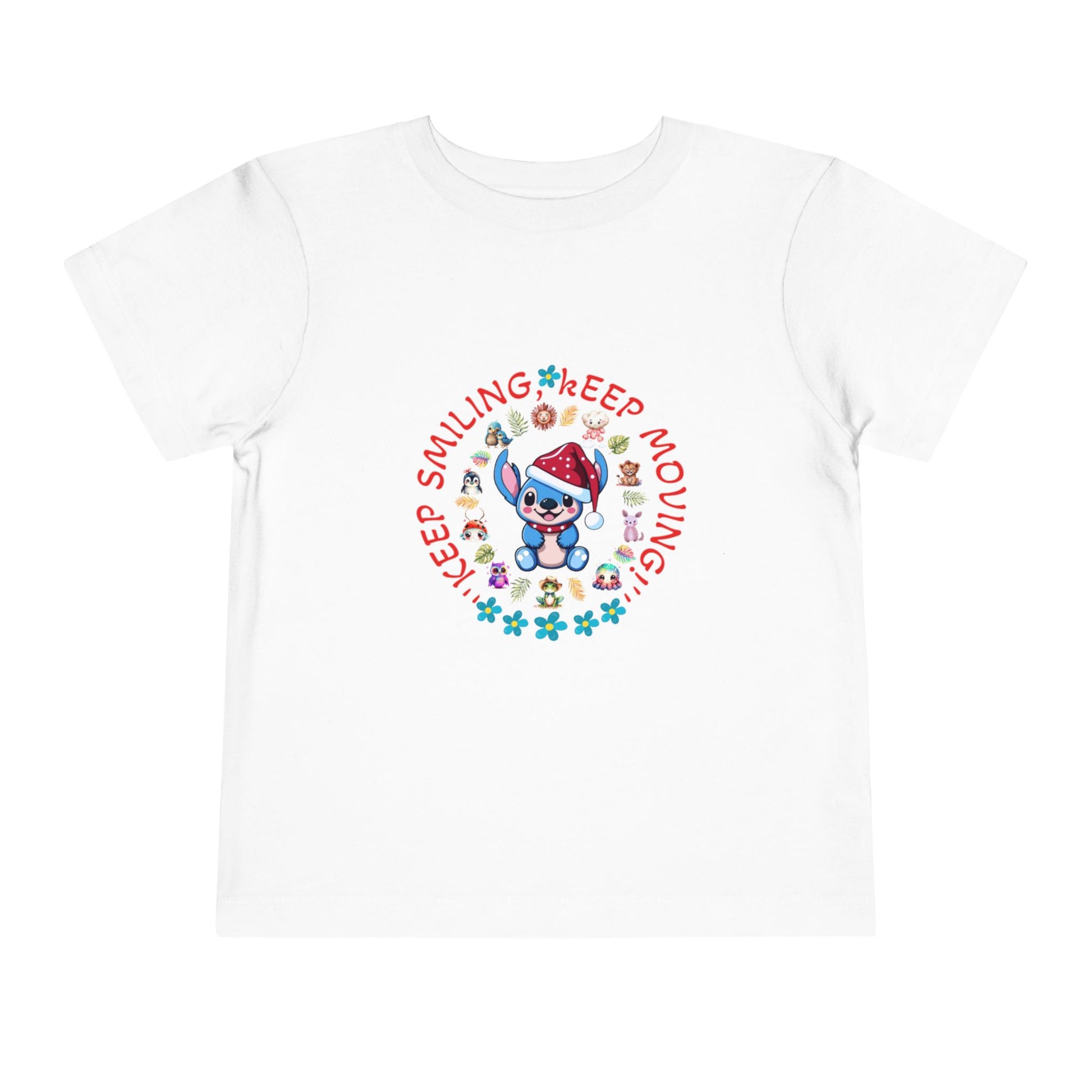 Toddler t-shirt with a cute dog illustration and motivational quote "Keep Smiling Keep Moving" printed in the center.
