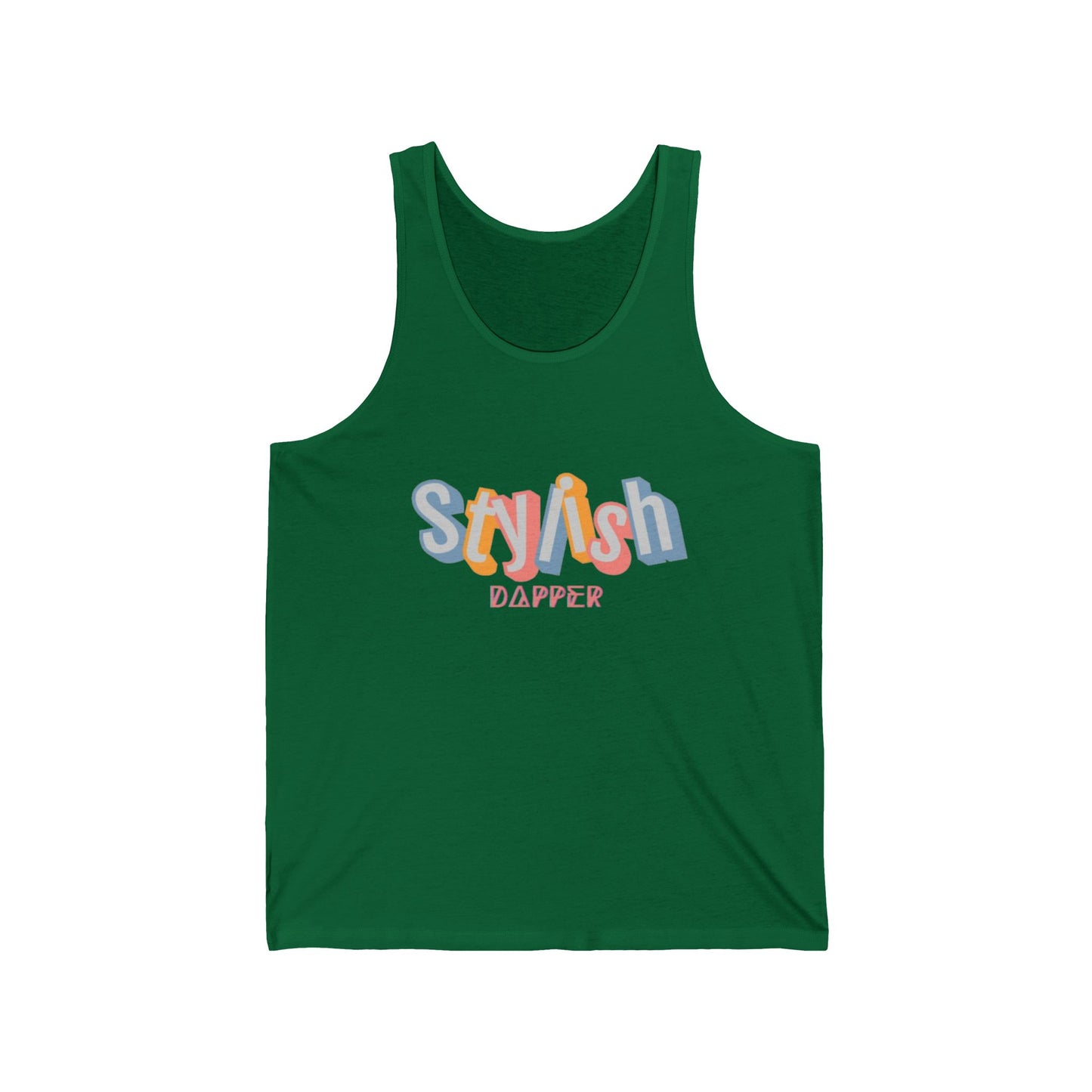 Unisex jersey tank with “Stylish Dapper” text on front