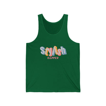 Unisex jersey tank with “Stylish Dapper” text on front