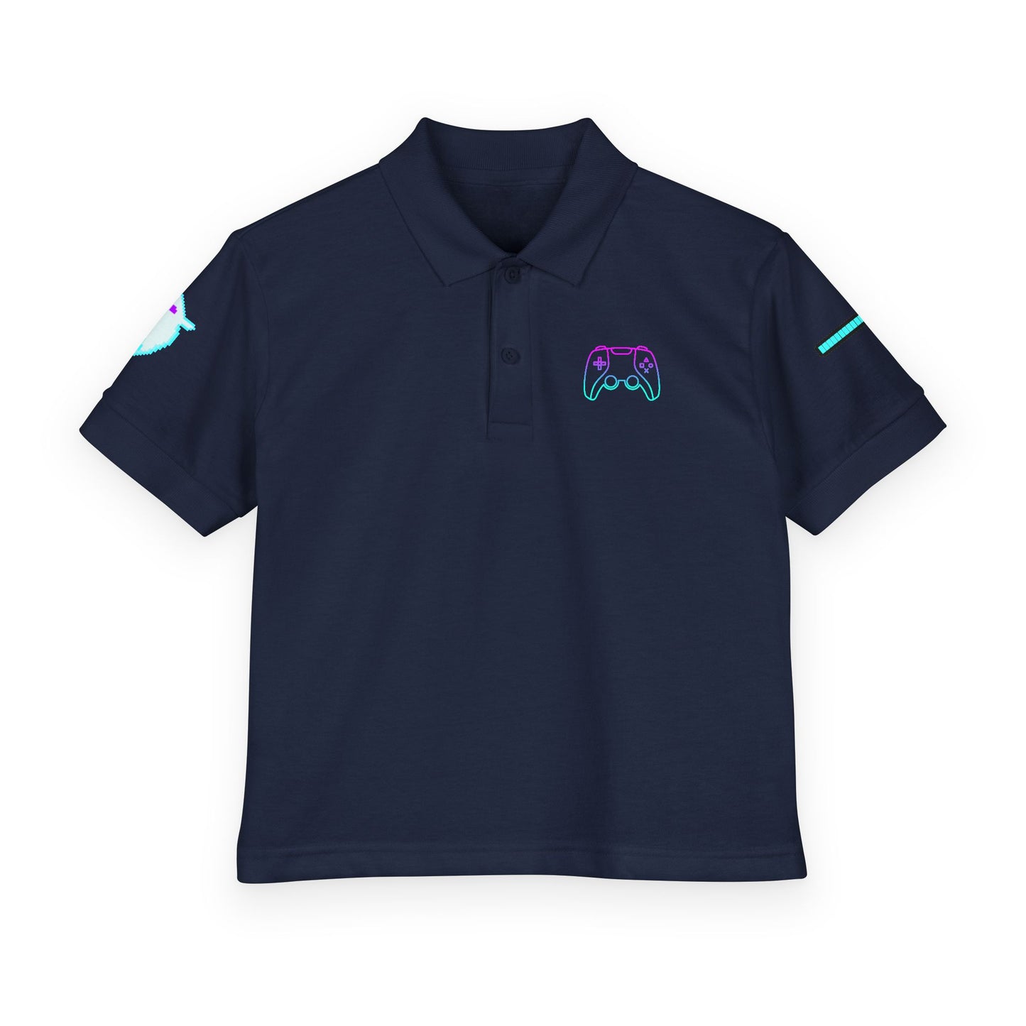 A navy blue short-sleeve polo shirt with gaming-themed graphics, including a neon purple and blue controller outline on the left chest, a light blue bird on the right sleeve, and a small teal line on the other sleeve, shown on a plain white background.