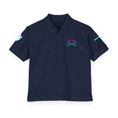 A navy blue short-sleeve polo shirt with gaming-themed graphics, including a neon purple and blue controller outline on the left chest, a light blue bird on the right sleeve, and a small teal line on the other sleeve, shown on a plain white background.