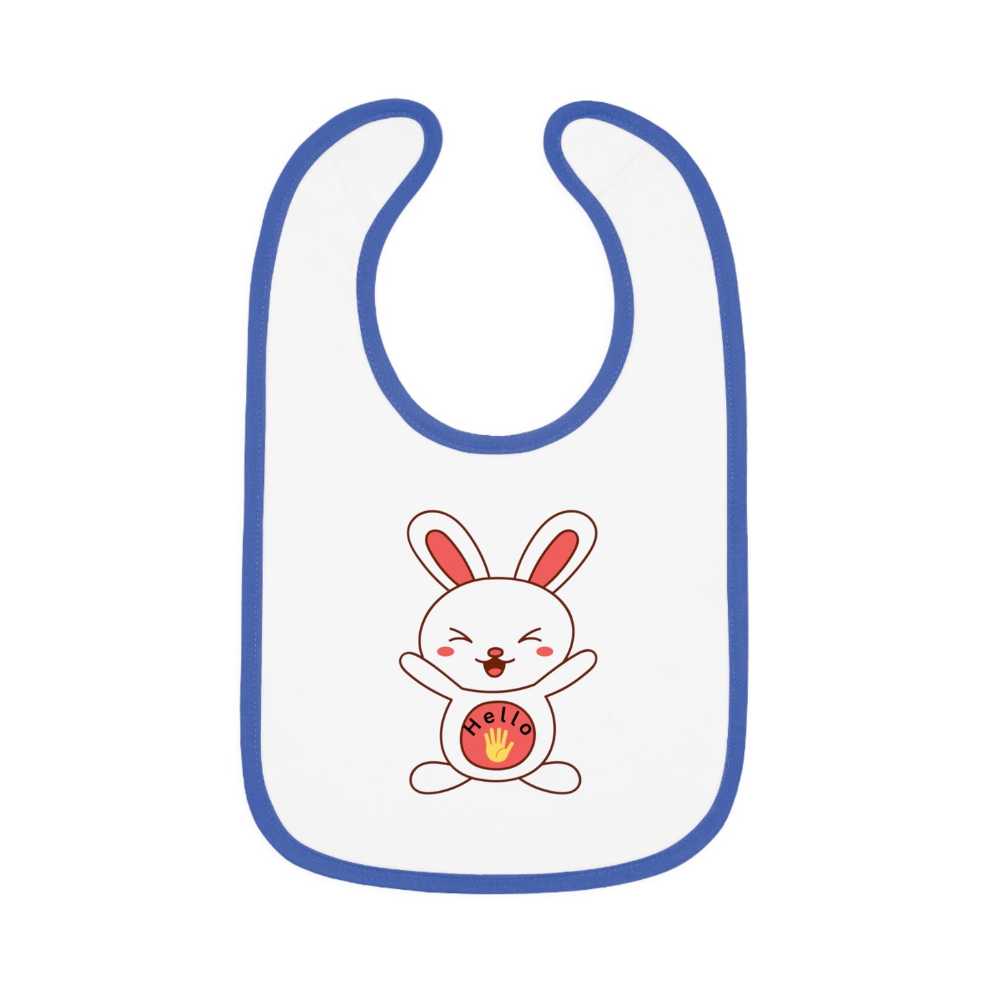 A white baby bib with blue contrast trim and a centered graphic of a smiling cartoon rabbit holding a round object