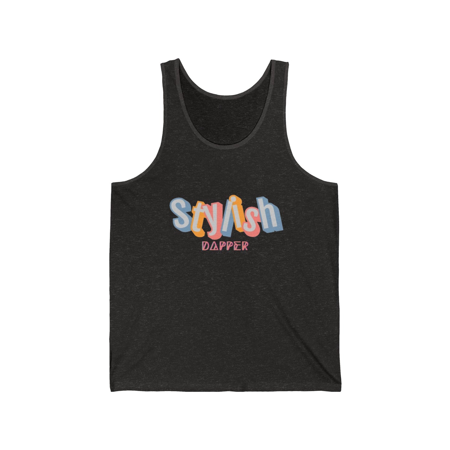  Unisex jersey tank with “Stylish Dapper” text on front