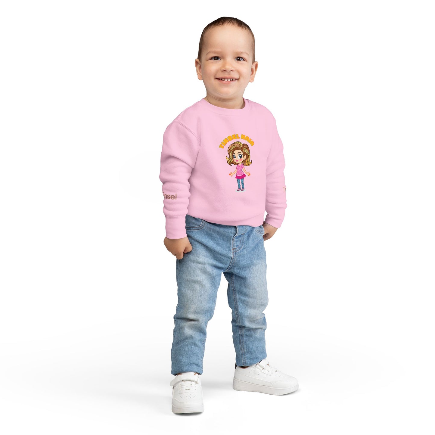 Child wearing a pink sweatshirt with a cartoon character on a white background