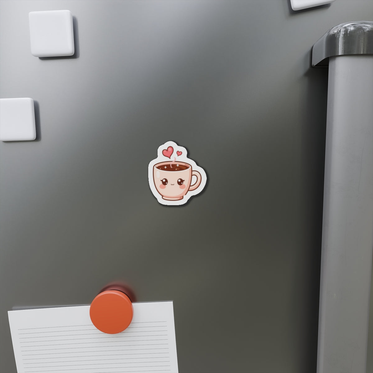 Fridge magnet shaped like a cartoon coffee cup with hearts on a metallic surface.