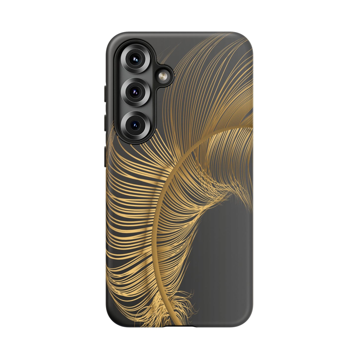 matte black samsung galaxy s 25 case with golden feather design- stylish and durable