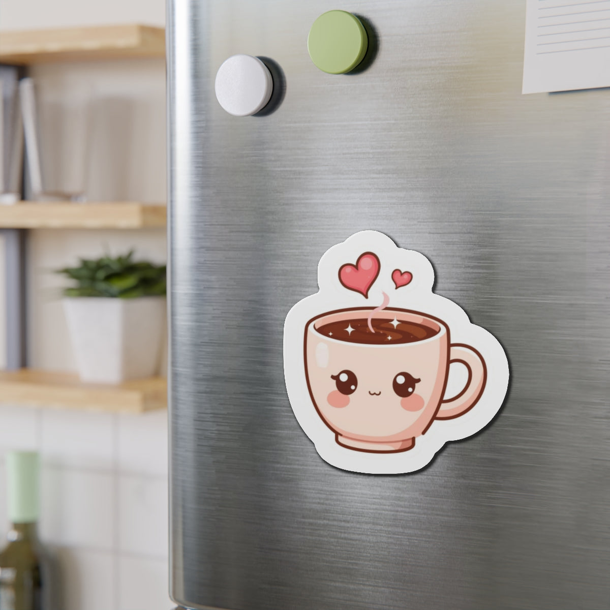 Fridge magnet shaped like a kawaii-style coffee cup with hearts on a metallic surface.
