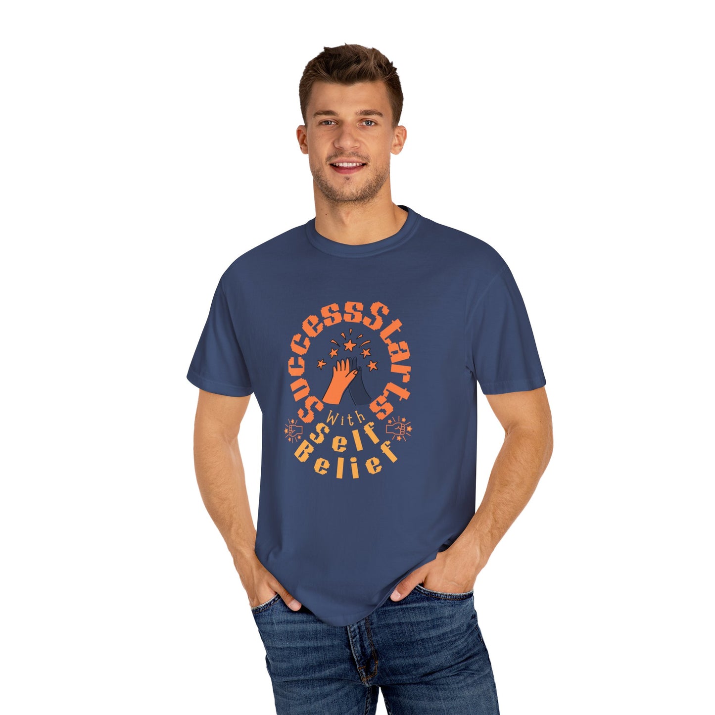 Man wearing a blue t-shirt with motivational text design on a white background