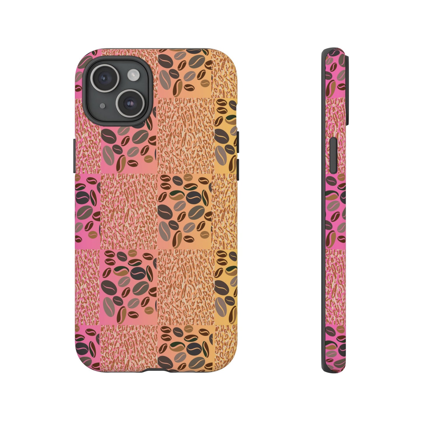 matte i phone 16 pro phone case featuring tiger pattern and scattered coffee beans- sleek and wild look