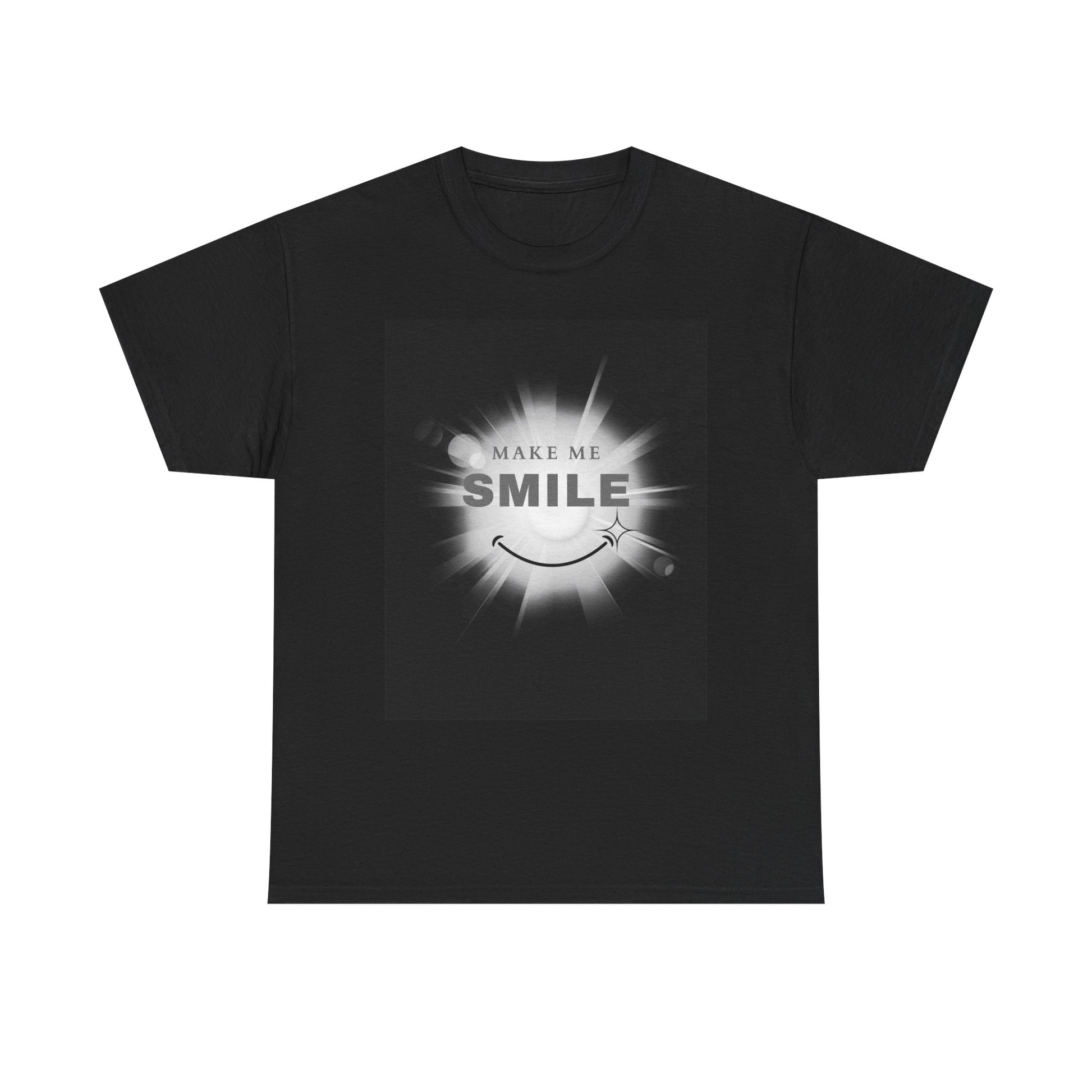 Black t-shirt with 'Make me smile' text and smiley face design on a white background