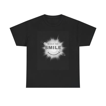 Black t-shirt with 'Make me smile' text and smiley face design on a white background