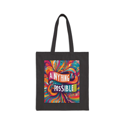 A cotton canvas tote bag with a multicolored geometric pattern design and the text 'ANYTHING POSSIBLE' on the front.