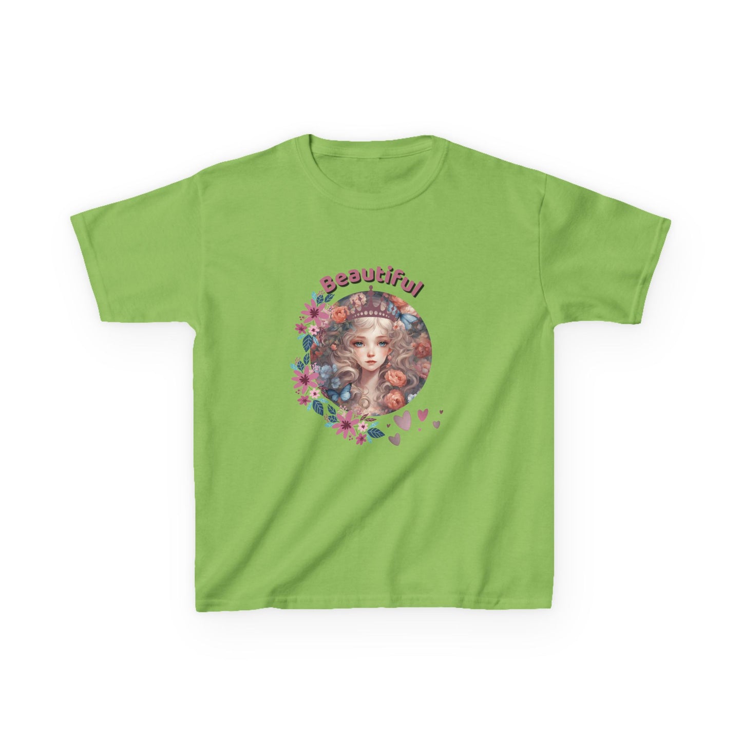 Green t-shirt with a colorful graphic of a woman's face and the word 'Beautiful' on a white background.