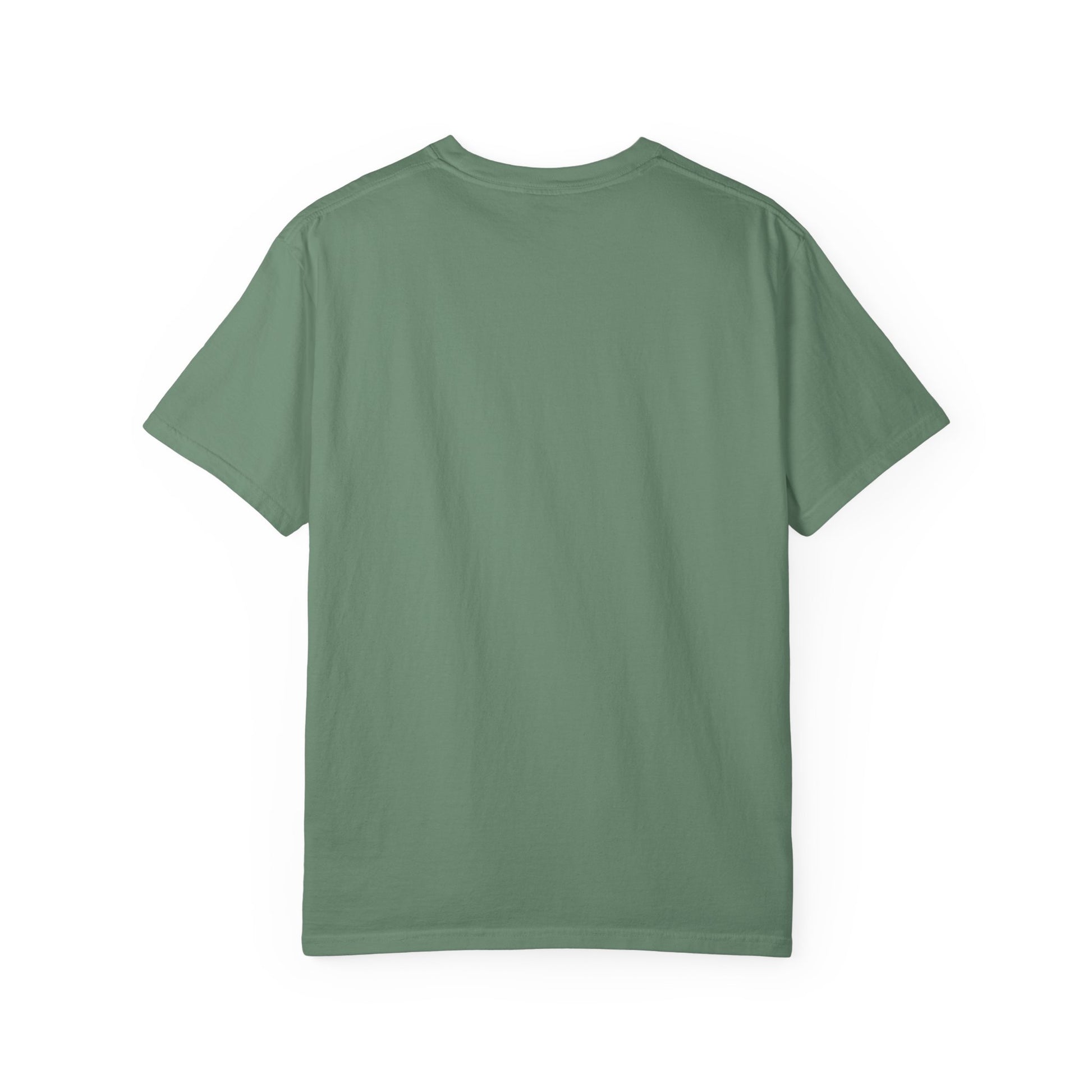 Rear view of plain back side garment-dyed t-shirt