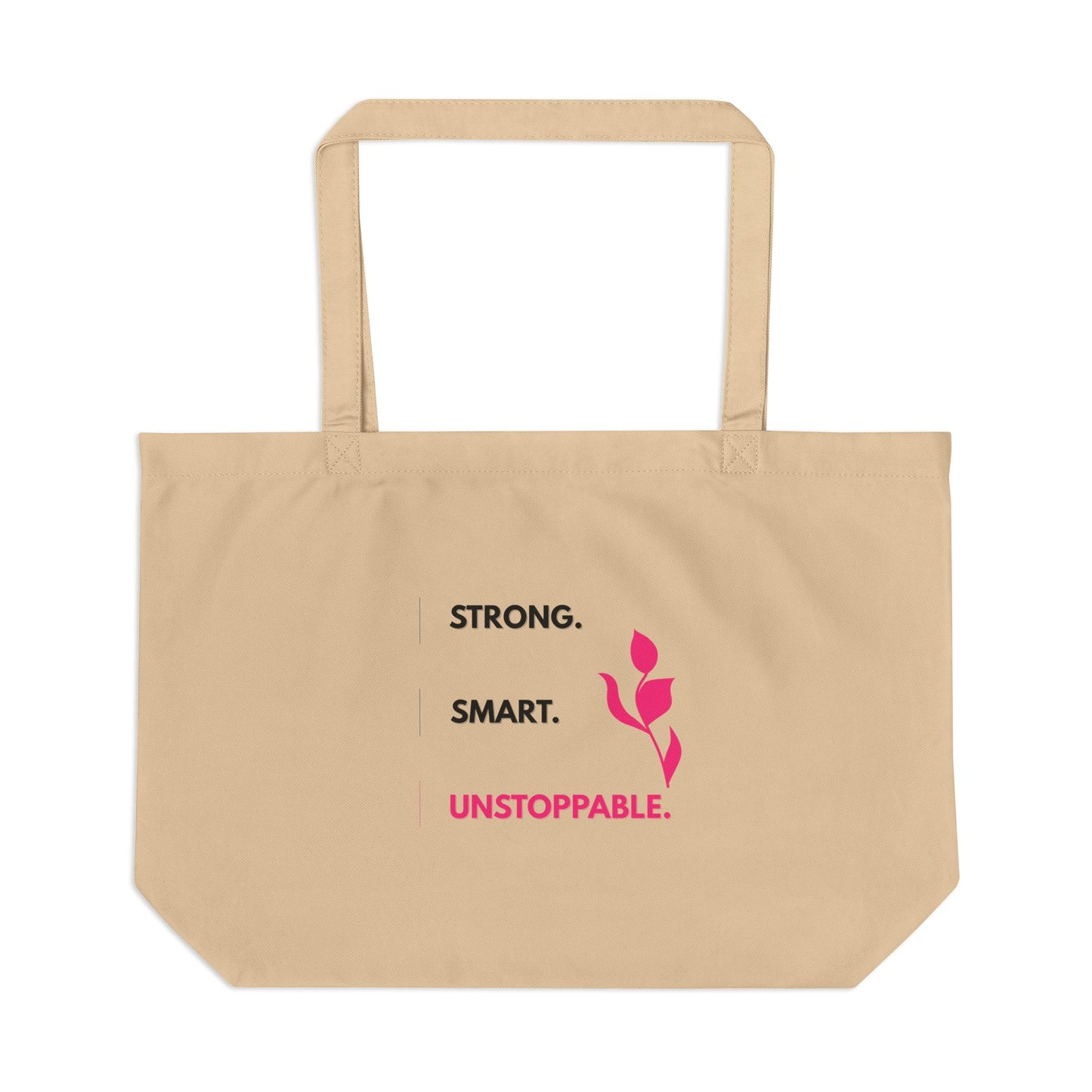Beige tote bag with motivational text and a pink flower graphic on a white background