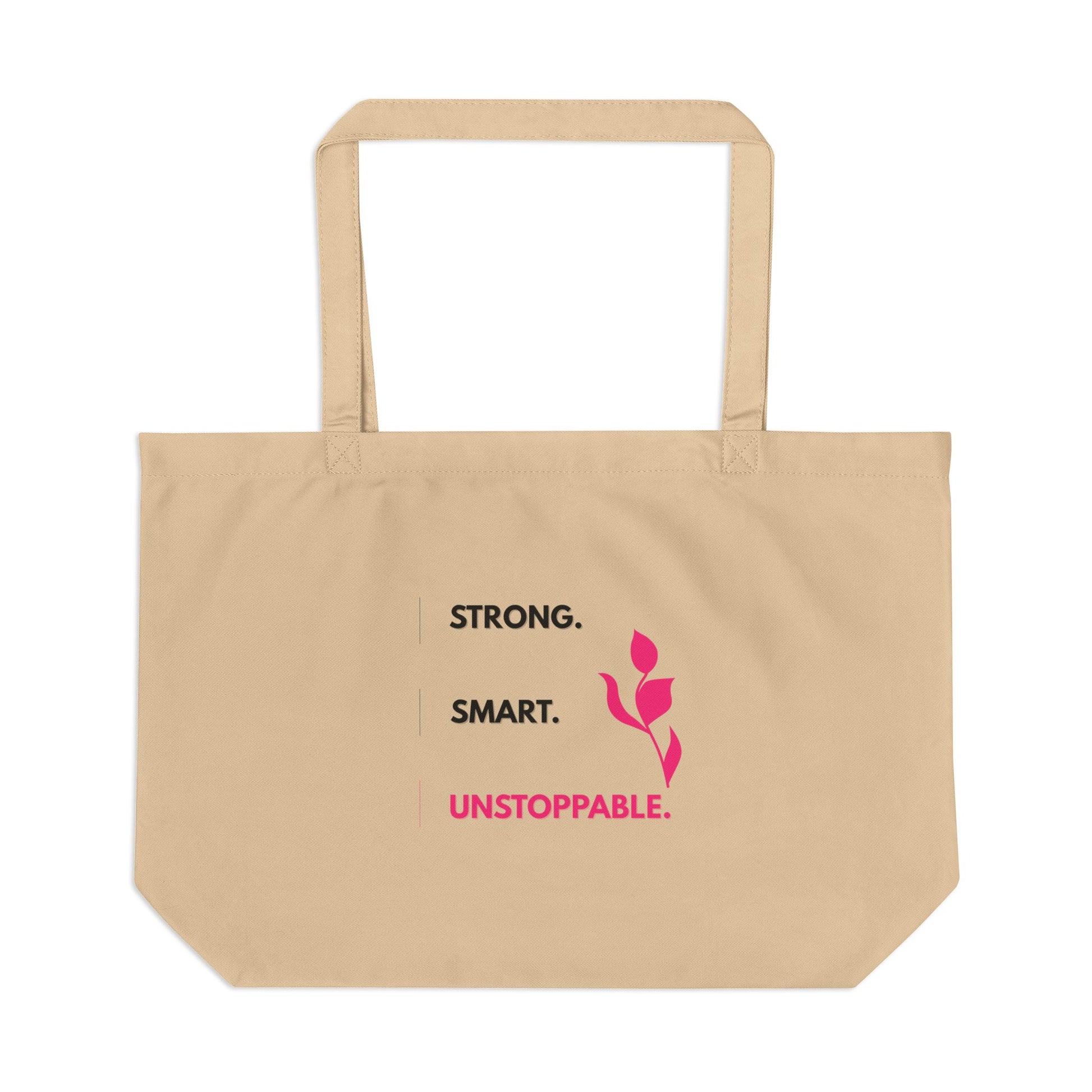 Beige tote bag with motivational text and a pink flower graphic on a white background