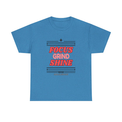A heather sapphire  unisex heavy cotton tee with the text 'FOCUS GRIND SHINE' printed on the front.